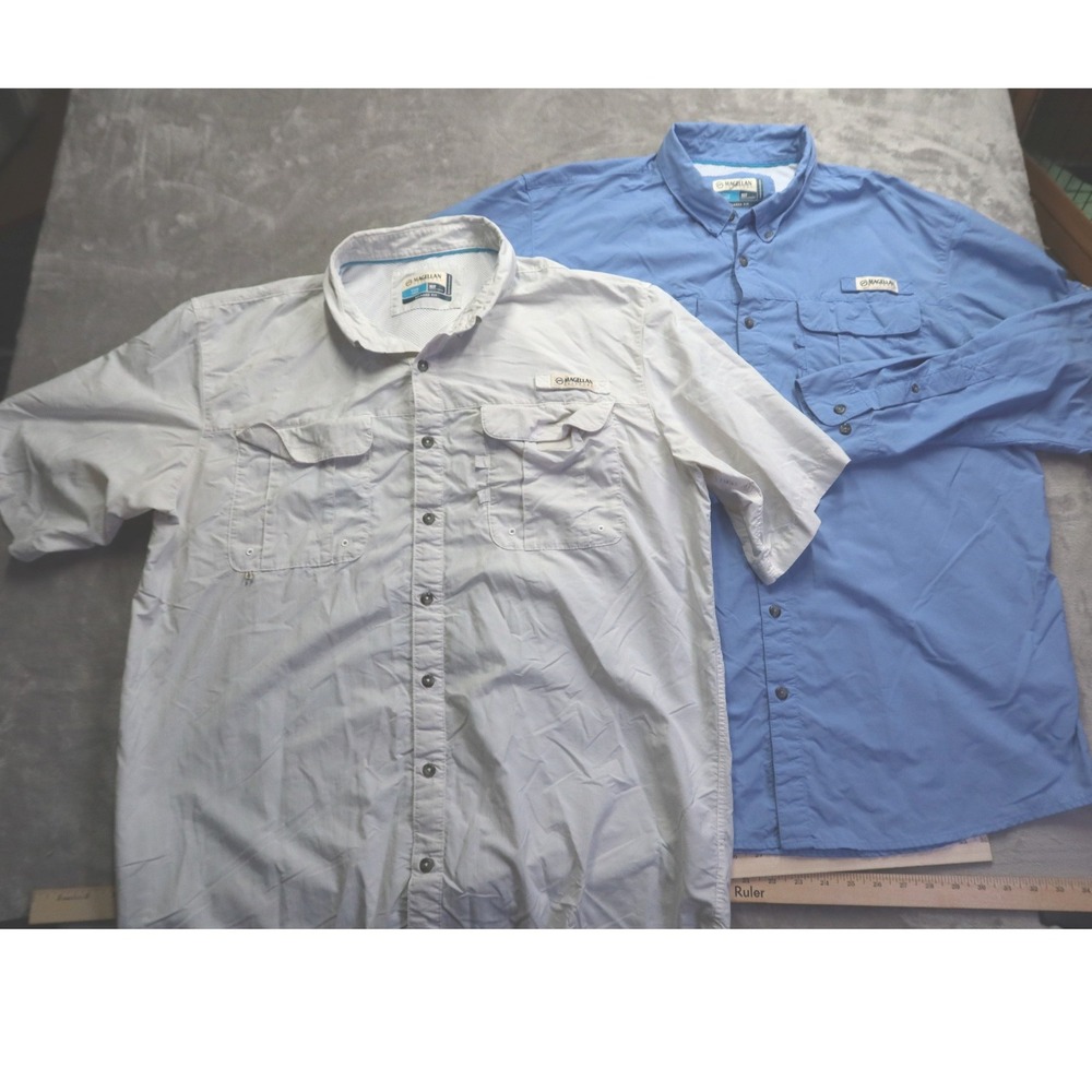 Lot of 2 Magellan Outdoors Fishing Shirts Men's XLT Gray Short Sleeve Blue LS
